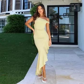 Осенняя мода Ethos Элегантное облегающее платье с косыми плечами и разрезом, женское платье S чёрный