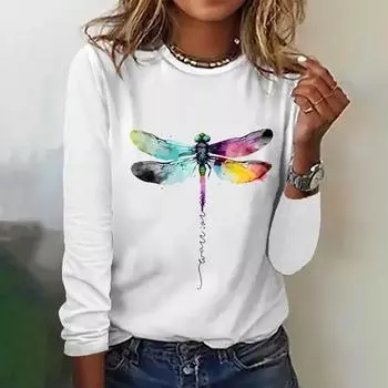 Осенняя мода хлопковые женские футболки с принтом цветных стрекоз с длинными рукавами повседневная свободная женская одежда топы футболки с круглым вырезом S