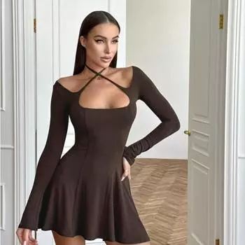 Осенняя мода качество облегающий крой длинный рукав завязка веревка круглый воротник длинный рукав платье женщина S чёрный