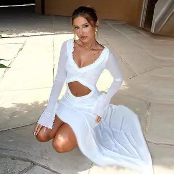 Осенняя мода качество сексуальное тонкое деревянное ушко сбоку полое длинное платье женщина S белый