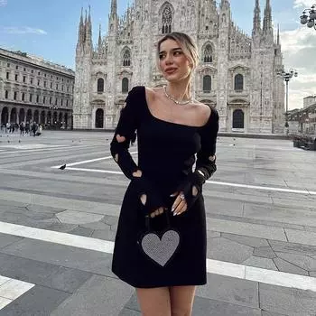 Осенняя мода качество тонкий трикотаж любовь сожжено длинный рукав платье женщина S чёрный