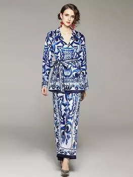 Осенняя мода, комплект из 2 предметов, брюки, женский винтажный фарфоровый пояс с принтом, блузка, пиджак, пальто, широкие брюки, костюмы, наряд XXL синий