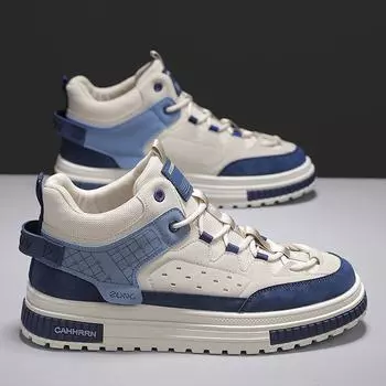 Осенняя мода Кожаные вставки Высокие кеды Дышащие и удобные Толстая подошва Увеличение роста Шнуровка Кроссовки Мужская обувь 39