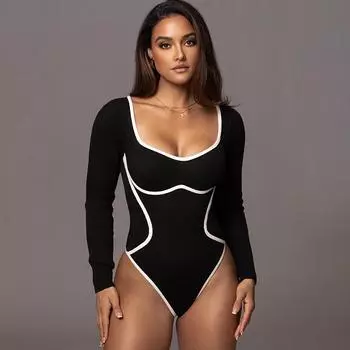 Осенняя мода квадратный вырез облегающий женский комбинезон футболка однотонный длинный рукав основа сексуальный боди футболки женский элегантный повседневный комбинезон футболки 25551 XS чёрный