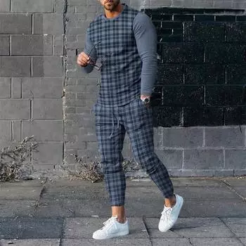 Осенняя мода Lattice 3D Print Мужской спортивный комплект Повседневная футболка с длинными рукавами и штаны Комплект из 2 предметов Оверсайз Пуловер Мужская одежда M