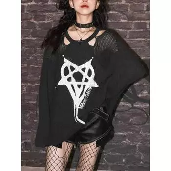 Осенняя мода ленивый стиль длинные рукава топы женские шесть звезд печать ажурный свитер халтер женский американский сексуальный Y2K трикотаж S чёрный