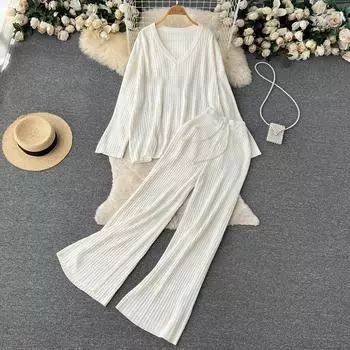 Осенняя мода, модные свободные вязаные топы с длинными рукавами и v-образным вырезом, повседневные брюки с высокой талией, костюм из двух предметов