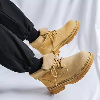Осенняя мода натуральная кожа мужские британские ботинки на шнуровке средней высоты классические желтые ретро удобные нескользящие ботинки средней высоты 38 жёлтый