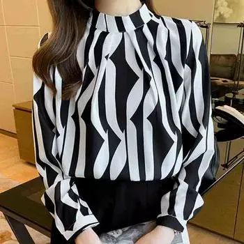 Осенняя мода, новая женская блузка с длинным рукавом и воротником-стойкой, черная, белая, полосатая, шифоновая блузка, рубашка, женские топы J739 S