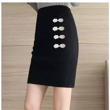 Осенняя мода, новинка, осень и зима, трикотажная полуюбка, ретро-юбка с пуговицами и сумкой на бедрах, универсальная однотонная короткая юбка, трикотажная женская одежда M чёрный