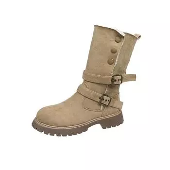 Осенняя мода, новые женские удобные однотонные сапоги до середины голени с круглым носком и пряжкой 35