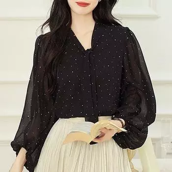 Осенняя мода, новый длинный рукав, бант-воротник, офисная женская шифоновая блузка в горошек, рубашка, женские топы J410 S чёрный