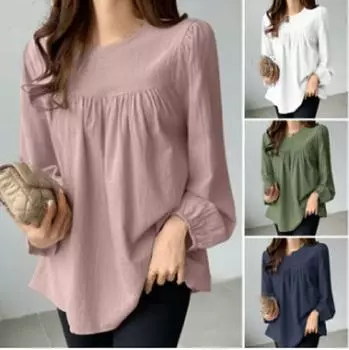 Осенняя мода, однотонная блузка, женская туника с длинным рукавом и круглым вырезом, корейская элегантная повседневная рубашка, свободная рабочая OL Blusas XXXXL белый