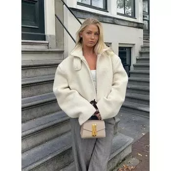 Осенняя мода однотонные овечьи шерстяные однотонные куртки с лацканами женские толстые теплые на молнии с длинным рукавом короткое пальто женская верхняя одежда S белый