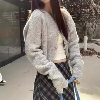 Осенняя мода однотонный повседневный вязаный свитер женский зимняя одежда длинный рукав женский короткий свитер кардиган женский элегантный теплый винтажный трикотаж 24848 One Size серый