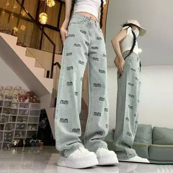 Осенняя мода Письмо Высокая талия Джинсовые брюки Женские корейские свободные широкие брюки Женские уличные повседневные джинсы S синий