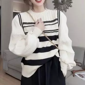 Осенняя мода повседневная полосатая трикотажная рубашка женская зимняя винтажная женская блузка с рукавами-фонариками элегантная однотонная рубашка с круглым вырезом топы 24743 One Size белый