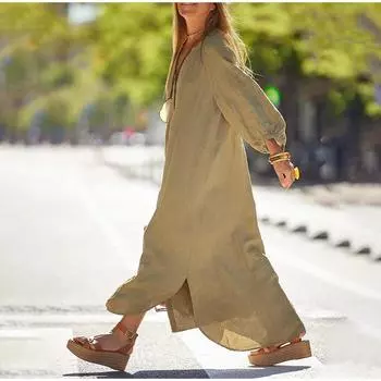 Осенняя мода повседневные длинные рукава женские платья V-образный вырез однобортный свободный женский халат S чёрный