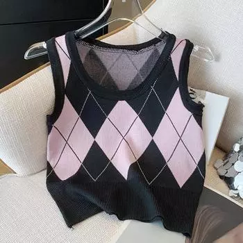 Осенняя мода повседневный вязаный свитер с узором в виде аргайла жилет женский зимний ретро безрукавный свитер женский жилет круглый вырез трикотажные жилеты 24821 One Size белый