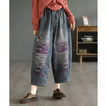 Осенняя мода рваные джинсы женские свободные вышитые джинсовые брюки женские повседневные винтажные эластичные панк шаровары XL синий