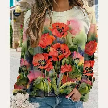 Осенняя мода с длинным рукавом и круглым вырезом с цветочным принтом женские пуловеры футболка блузка топ S