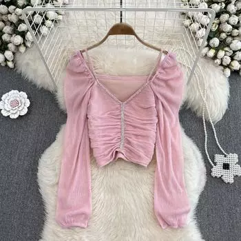 Осенняя мода с v-образным вырезом и ключицами, шикарная шифоновая рубашка с талией, плиссированный тонкий короткий топ