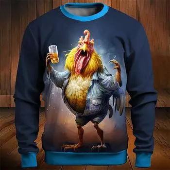 Осенняя мода толстовки с капюшоном Петух Графический 3D Печать Мужская свободная толстовка с длинным рукавом и круглым вырезом хип-хоп мужская одежда S