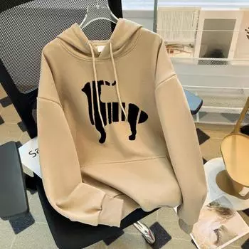 Осенняя мода Толстовки Женские мультяшные принты Карманные тонкие толстовки Спортивные фитнес-толстовки Модные повседневные свободные унисекс-пуловеры M хаки