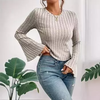 Осенняя мода тонкий однотонный длинный рукав топы женские элегантные повседневные узкие эластичные трикотажные топы женские винтажные шикарные тонкие блузки с круглым вырезом новые S серый