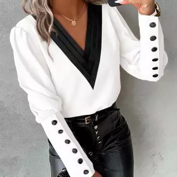 Осенняя мода V-образный вырез однотонная длинная рукава пуговицы женская рубашка блузка S белый