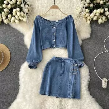 Осенняя мода в западном стиле, модная джинсовая рубашка с рукавами-фонариками, топ с высокой талией, короткая юбка до половины тела, костюм из двух предметов