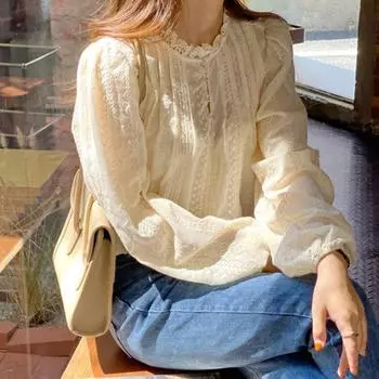 Осенняя мода винтажная элегантная вышитая кружевная блузка женская круглая горловина тонкая с длинным рукавом женская рубашка топы однотонные свободные повседневные женские блузки 25174 S бежевый