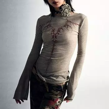 Осенняя мода винтажные топы с длинными рукавами женские корейские шикарные ленивые стильные пуловеры с принтом женские новые дизайнерские сексуальные тонкие Y2K-одежда S хаки