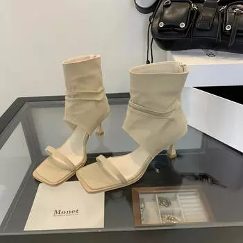 Осенняя мода женские сапоги с квадратным носком, с открытым носком, джинсовые плиссированные ботильоны на высоком каблуке, босоножки на шпильке 35