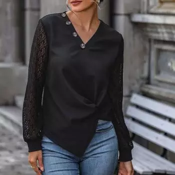 Осенняя мода женский черный длинный рукав трикотажный топ S чёрный