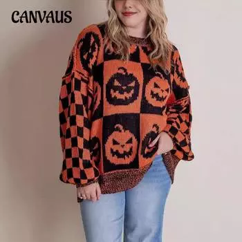 Осенняя мода женский свитер повседневный свободный круглый вырез свитер на Хэллоуин M серый