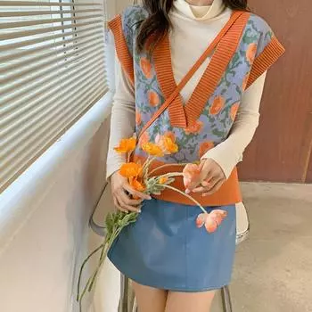 Осенняя мода женский винтажный цветочный принт свитер жилеты женские майки трикотажный топ женский безрукавка трикотажный жилет жилет One Size