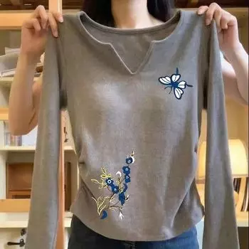 Осенняя модная базовая рубашка с V-образным вырезом, высококачественная футболка с принтом, корейская универсальная рубашка с длинными рукавами S