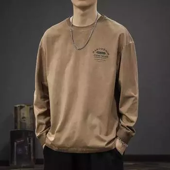 Осенняя модная брендовая мужская футболка с длинными рукавами, свободная рубашка из чистого хлопка, американский ретро-свитер Wasteland M серый