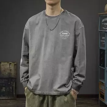 Осенняя модная брендовая мужская футболка с длинными рукавами, свободная рубашка из чистого хлопка, американский ретро-свитер Wasteland M хаки