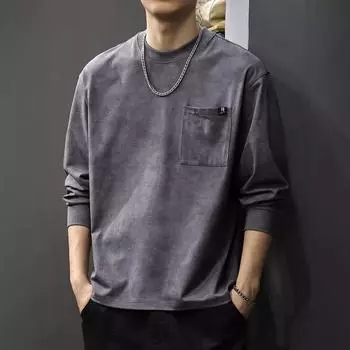 Осенняя модная брендовая мужская футболка с длинными рукавами и карманами в стиле ретро, американский свободный свитер с выбеленным верхом на весну и осень M темно-серого