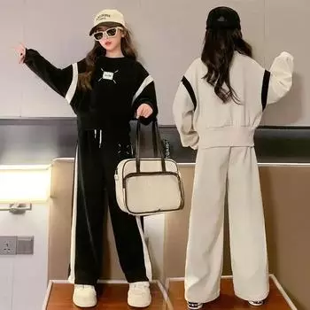 Осенняя модная детская одежда, костюм для девочек, детские толстовки с длинными рукавами в стиле пэчворк, широкие брюки, комплект из 2 предметов 170 белый