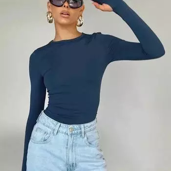 Осенняя модная футболка с длинными рукавами и круглым вырезом, однотонный тонкий женский укороченный топ с отверстиями для больших пальцев, повседневные уличные топы для женщин 29998 S чёрный