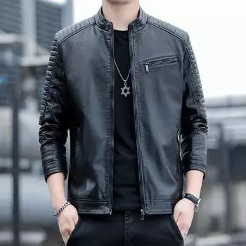 Осенняя модная кожаная куртка, мужская легкая роскошная куртка из искусственной кожи, легкая деловая повседневная модная универсальная куртка с воротником-стойкой M