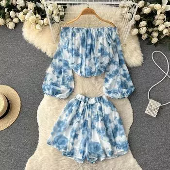 Осенняя модная модная рубашка на одно плечо с длинными рукавами и широкими шортами с высокой талией, костюм-двойка