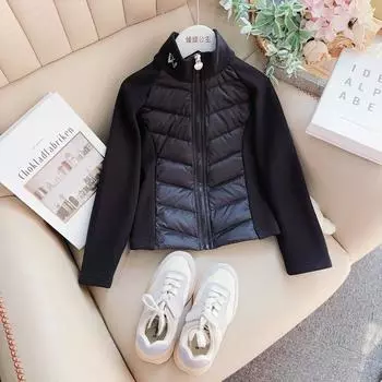 Осенняя модная повседневная универсальная куртка с длинными рукавами и воротником-стойкой, с капюшоном, в стиле пэчворк из хлопка для женщин 140cm белый