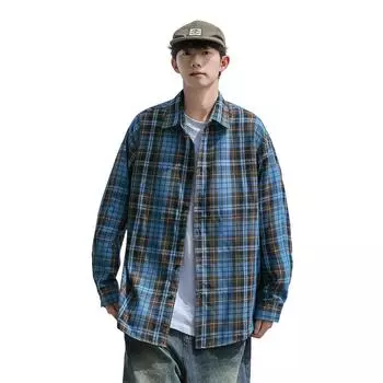 Осенняя модная простая контрастная цветная мужская клетчатая рубашка, корейская версия модной повседневной мужской рубашки с длинными рукавами M