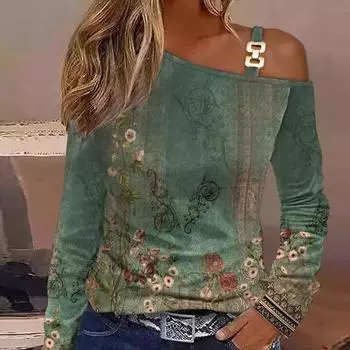 Осенняя модная рубашка с металлической пряжкой и косым воротником, женская блузка с принтом, сексуальные топы с открытыми плечами, одежда с длинными рукавами, Blusas 29306 S орион