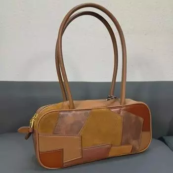 Осенняя модная сумка-боулинг из натуральной кожи в стиле пэчворк 2024 года — контрастный цвет, небольшой квадратный дизайн Small коричневый