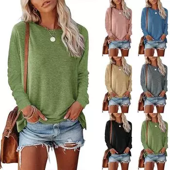 Осенняя модная тенденция 2024 года, европейская и американская одежда, женская футболка с круглым вырезом и длинными рукавами XXXL чёрный